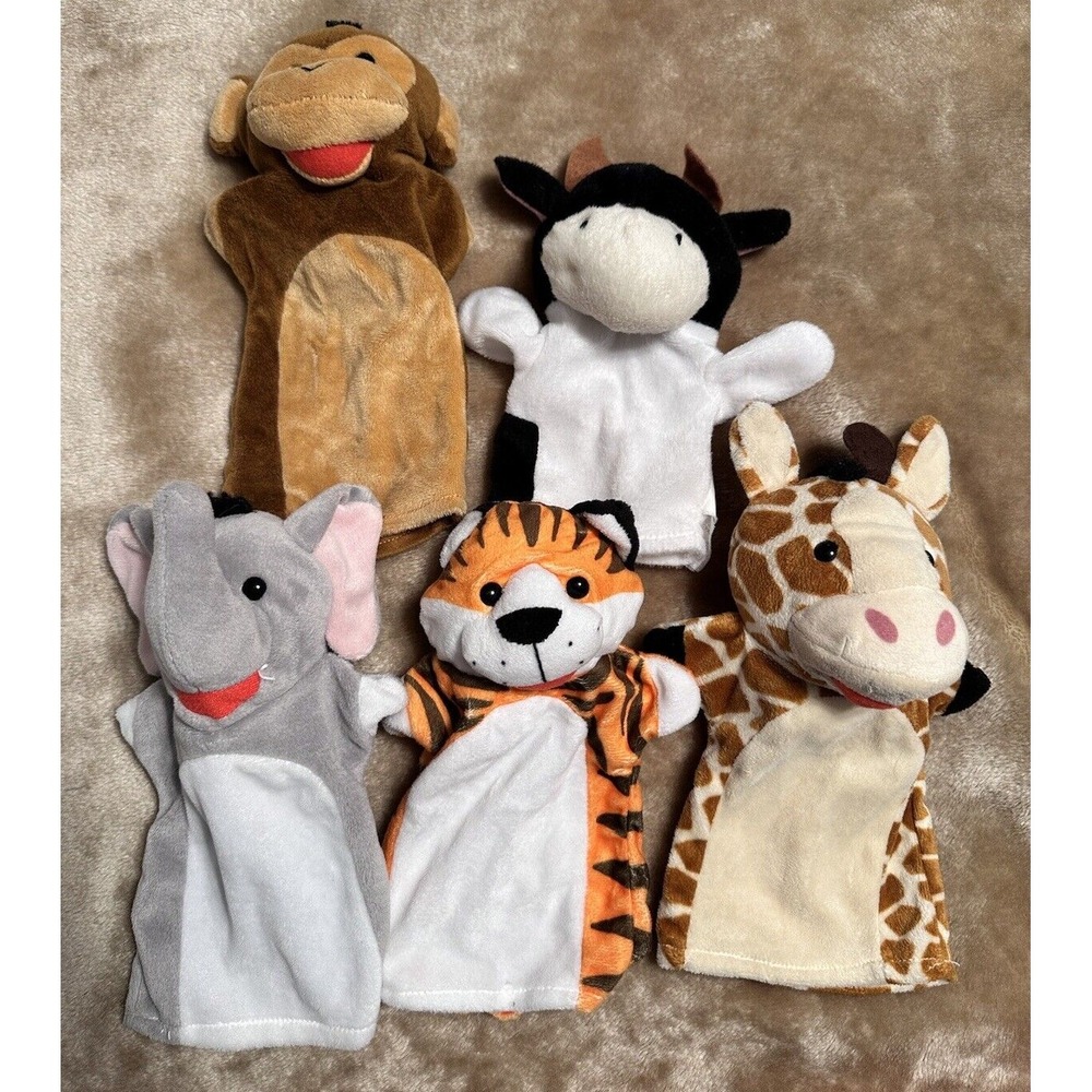 Hand Puppet Lot Melissa Doug Animals 5 puppets elephant giraffe Monkey cow tiger